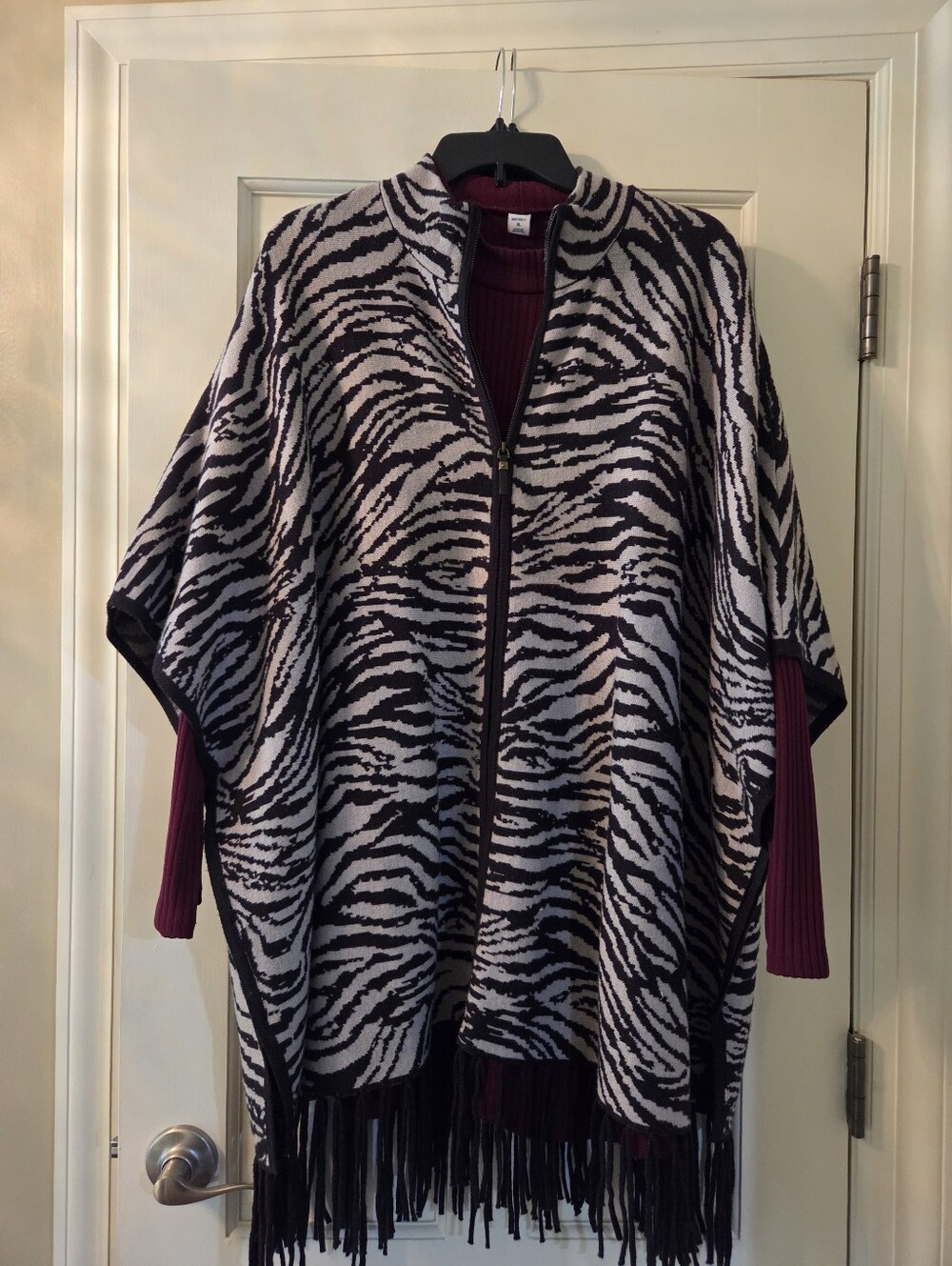 Black & White Zebra Fringe Zip Front Sweater Poncho